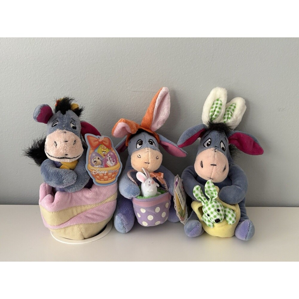 Vintage Disney Eeyore Easter Plush Lot of 3 Bunny Ears Pink Egg Basket NEW!